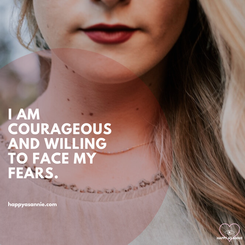 Happy As Annie | 10 Positive Affirmations for Women that Empower and Uplift (Close up of woman's blonde hair, red lips, and neck with delicate necklace on and text overlay that says "I am courageous and willing to face my fears."