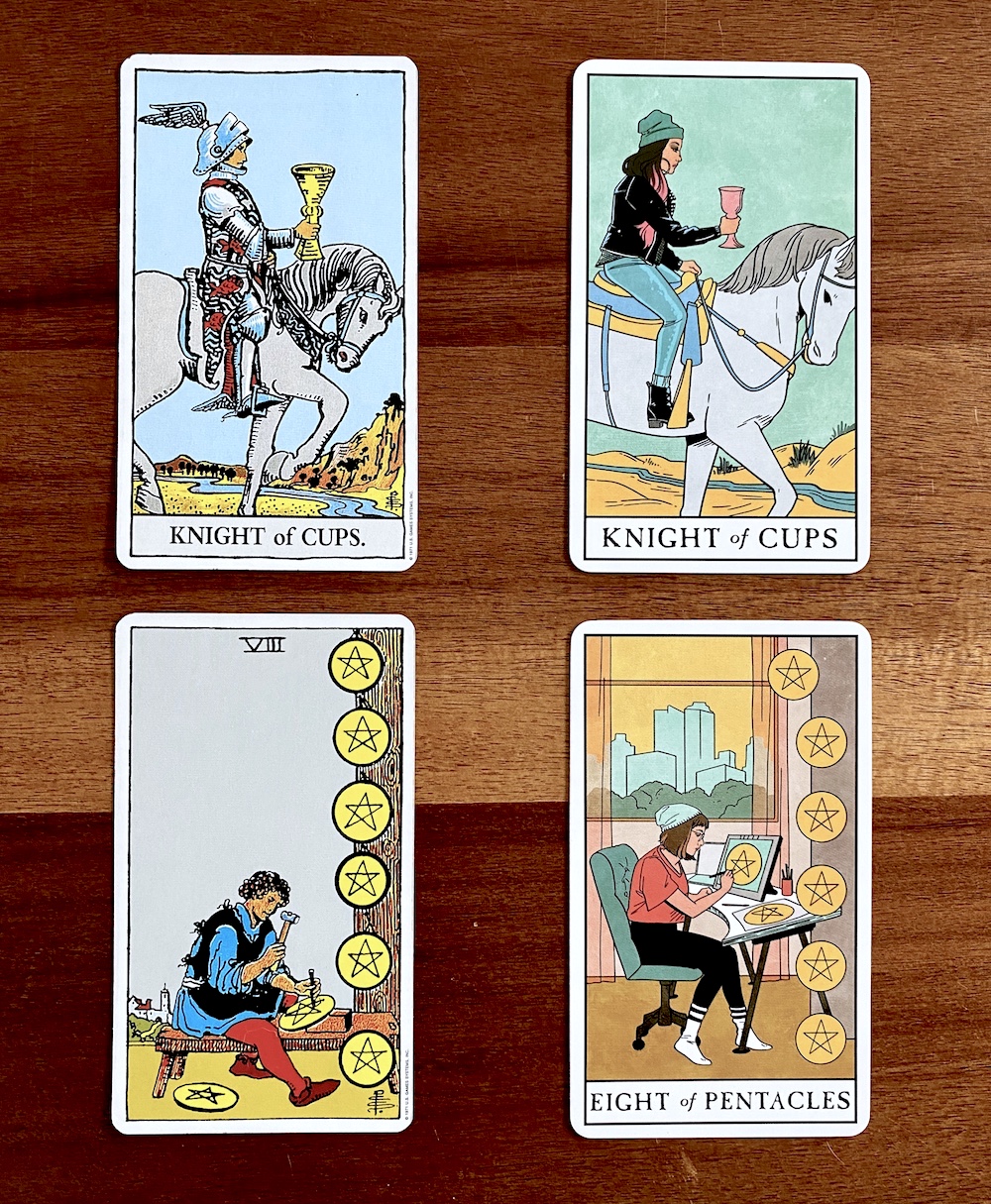 How to Choose a Tarot Deck for Beginners | Happy As Annie - The Modern Witch Tarot Deck is a fresh, multicultural, more inclusive, and millennial-friendly update to the classic Rider-Waite tarot deck. (Knight of Cups and 8 of Pentacles tarot cards from two differnet decks side by side)