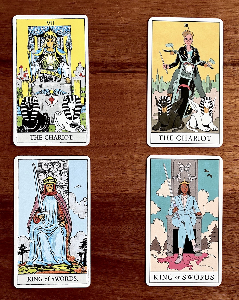 The Modern Witch Tarot Deck is a fresh, multicultural, more inclusive, and millenHow to Choose a Tarot Deck for Beginners | Happy As Annie - nial-friendly update to the classic Rider-Waite tarot deck. (The Chariot and King of Swords tarot cards from two different decks side by side)