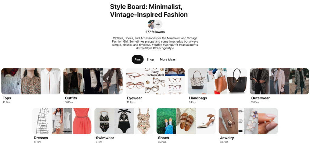 How to Discover Your Authentic Style | Happy As Annie (Screenshot of Pinterest style board divided into sections like tops, outfits, eyewear, and more.)