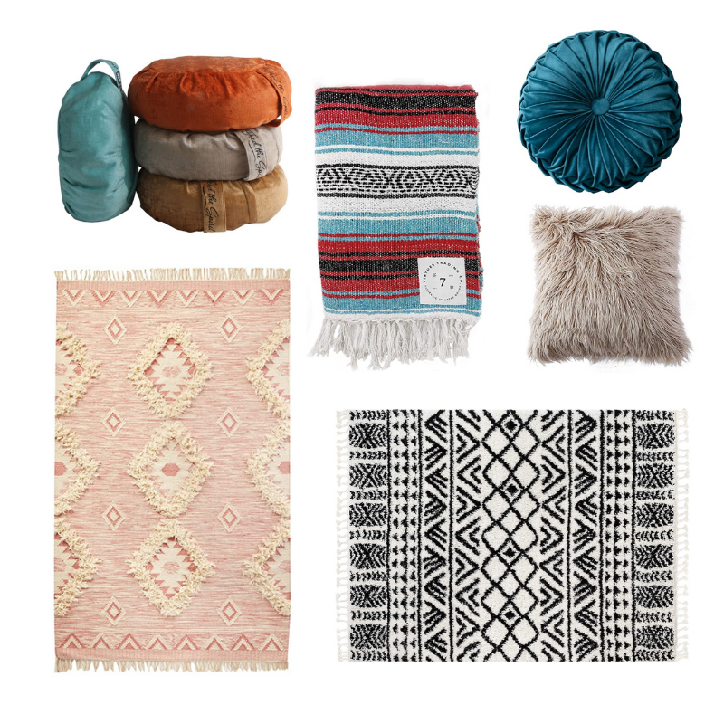 Happy As Annie | 7 Meditation Room from Pinterest You Ned to Copy - and how to get the look! (Collage of meditation cushions and other textiles for meditation room from Buddha Groove and Amazon)