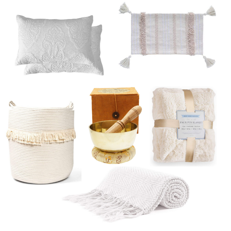 Happy As Annie | 7 Meditation Room from Pinterest You Ned to Copy - and how to get the look! (Collage of white and neutral textiles, cushions, and meditation items from Amazon and Buddha Groove)