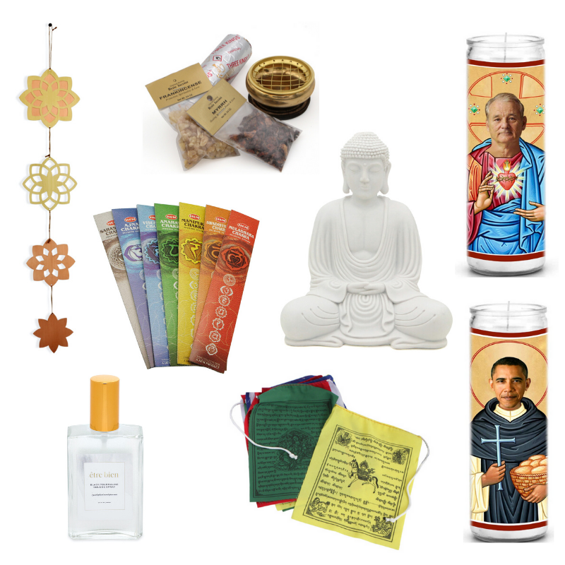 Happy As Annie | 7 Meditation Room from Pinterest You Ned to Copy - and how to get the look! (Collage of incense, candles, and other spiritual items from Buddha Groove and Amazon)