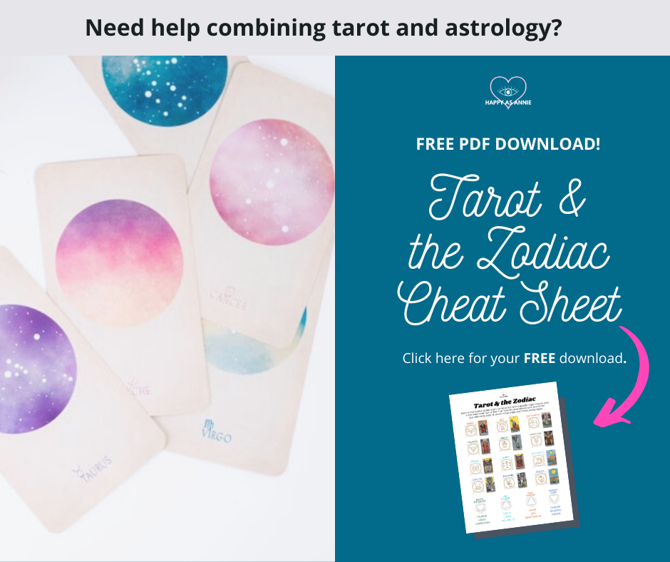 Need help combining tarot and astrology? Here's a FREE CHEAT SHEET for tarot and zodiac correspondences by Happy As Annie
