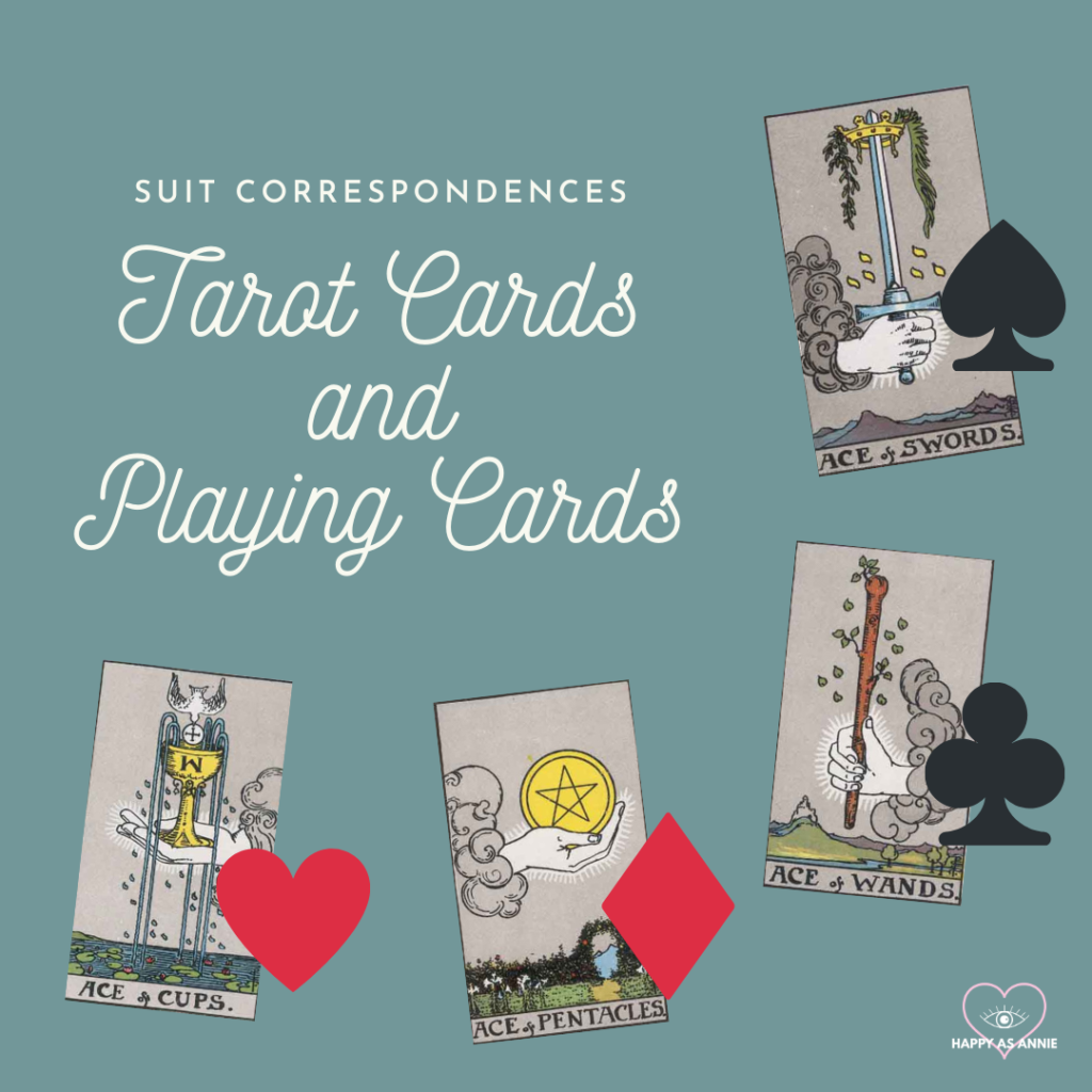 Suit Correspondences between Tarot Cards and Playing Cards by Happy As Annie. Cups are Hearts, Pentacles are Diamonds, Wands are Clubs, and Swords are Spades.