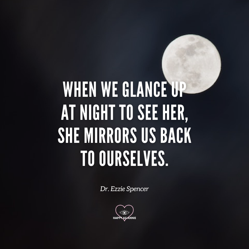 "When we glance up at night to see her, she mirrors us back to ourselves." Quote from Lunar Abundance by Ezzie Spencer | 5 Must-Read Books to Help You Align with the Lunar Cycle by Happy As Annie. Spencer explains how to track the lunar cycle and keep a moon journal to track the significance of the moon phases in our lives.