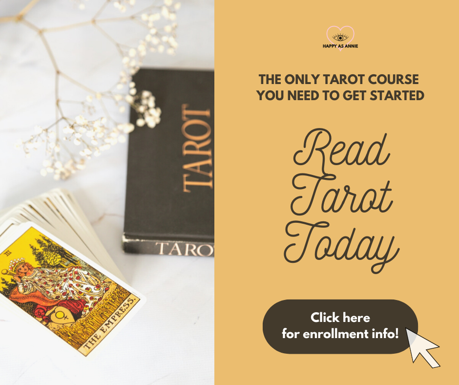 Read Tarot Today by Happy As Annie | The only tarot course you need to get started. Learn to read the cards with ease and weave insightful stories with the tarot cards with confidence. Stop memorizing tarot cards. Stop looking up tarot card meanings. Take this course and start to Read Tarot Today!
