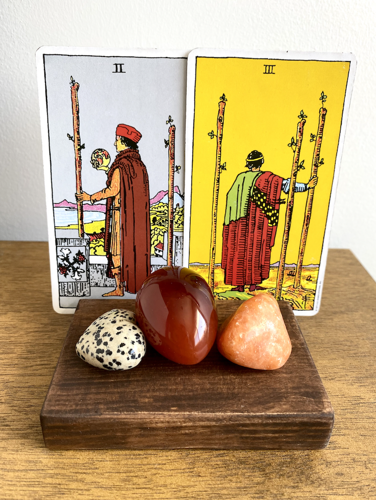 Tarot Card Meanings: 2 of Wands and 3 of Wands by Happy As Annie | 2 of Wands tarot card and 3 of Wands tarot card from Rider Waite Smith deck with jasper and carnelian crystals